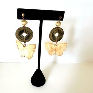HANDMADE Bone Butterfly & Vintage Circle Bead Earrings